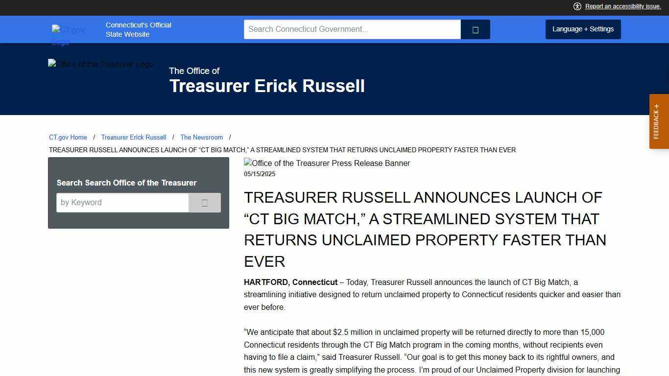 TREASURER RUSSELL ANNOUNCES LAUNCH OF CT BIG MATCH